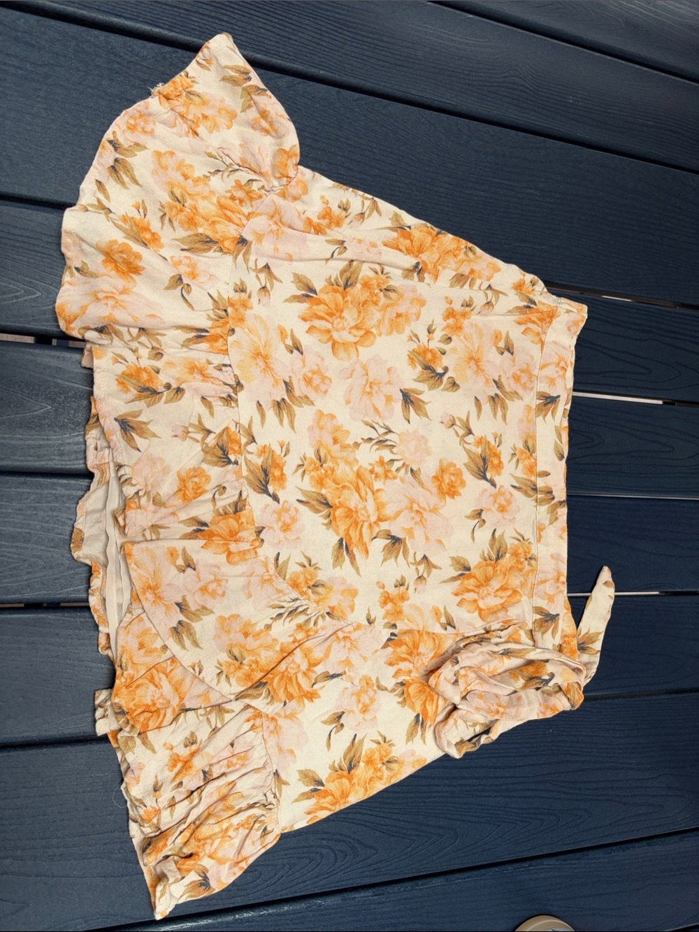 American Eagle Outfitters Cream Floral Ruffle Wrap Skirt with Orange Flowers